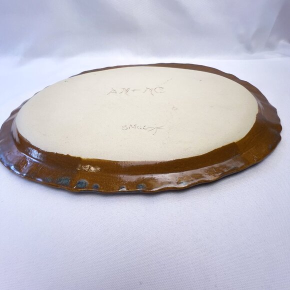 Handcrafted Studio Pottery Tree Plate Earthy Brown and Teal Glaze Art 13” long - Picture 5 of 7